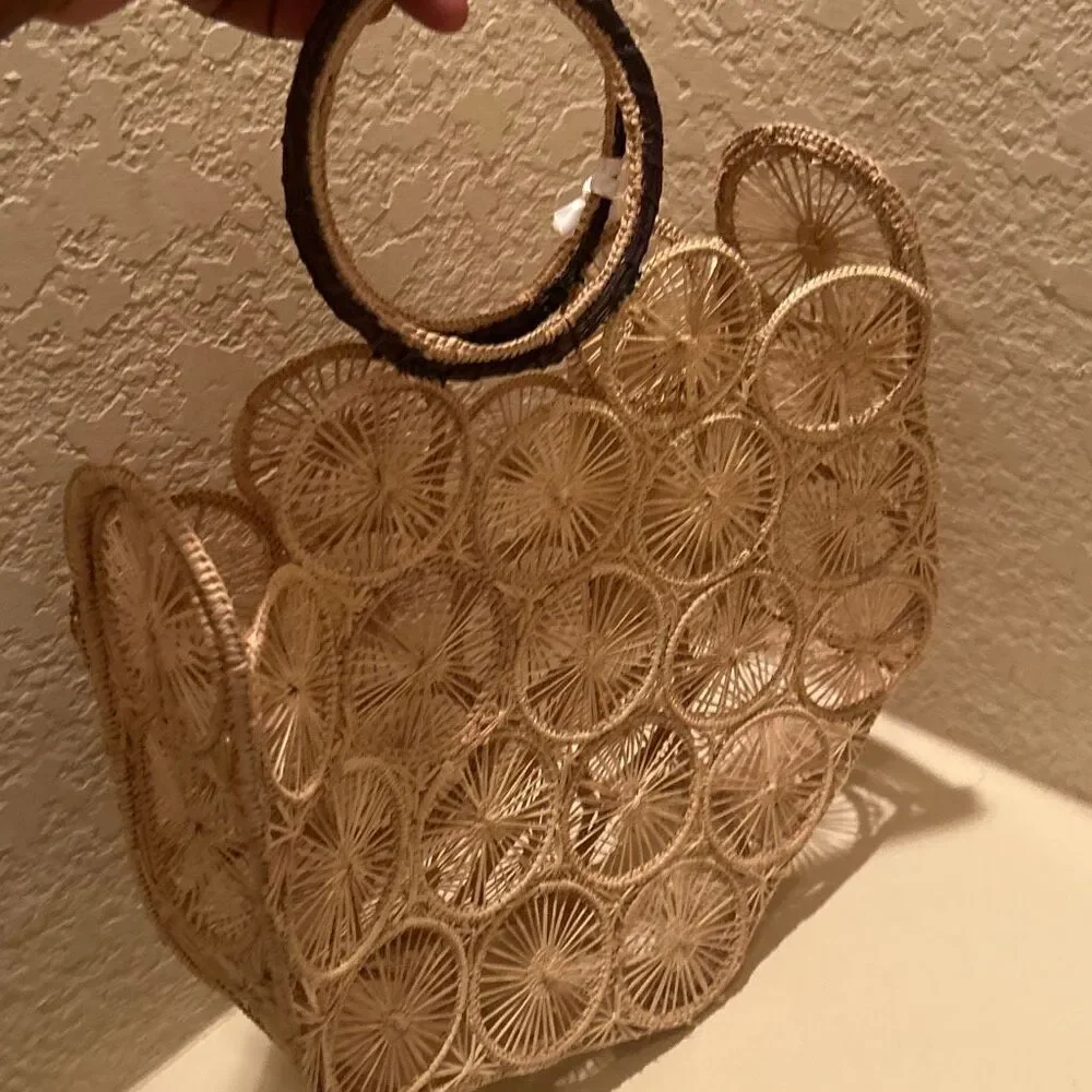 Guadalupe Alamo Basket Bag Neutral Tan Open Weave Artsy Coastal Boho Unique NWT